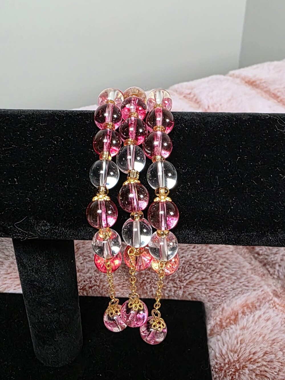 Pink and Clear Beaded Stretch Bracelet Set With Gold Accents